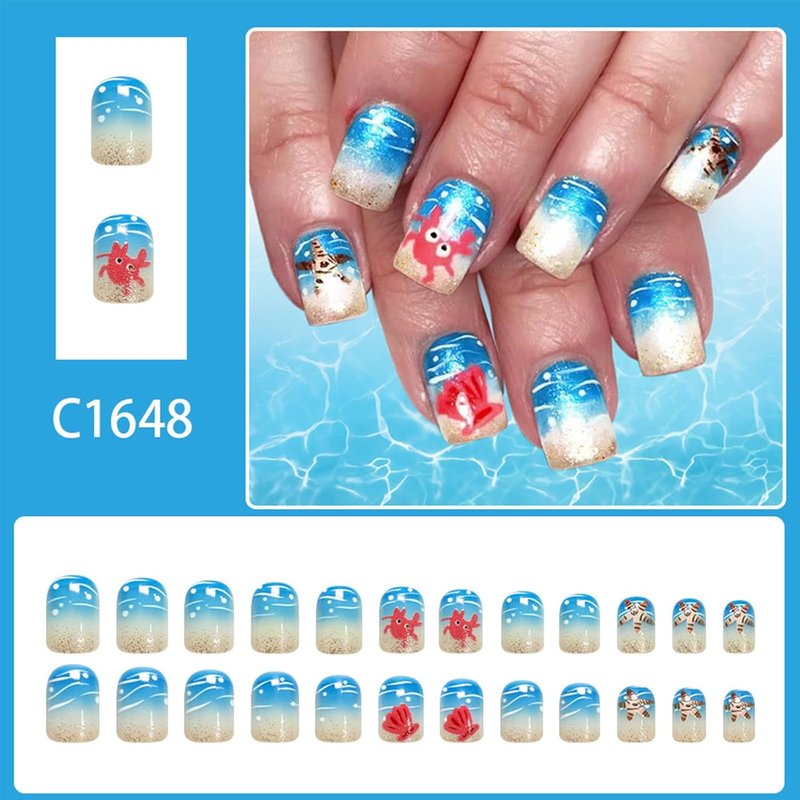 Skiennix Beach Press-On Nails - Short Square Blue Wave Glitter Design | 24 Pcs Reusable Summer Nails
