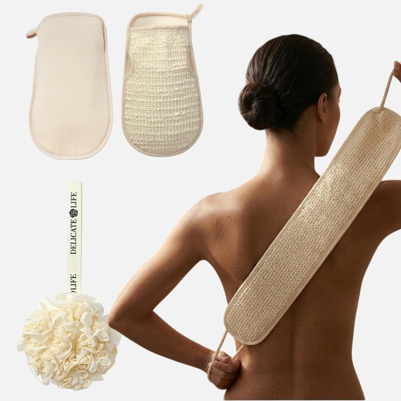 3 Pack Exfoliating Body Scrubber Set – Shower Gloves, Natural Back Scrubber Strap & Bath Pouf Sponge – Jute Cotton Blend Wash Mitt for Full Body Shower Routine & Daily Skin Care