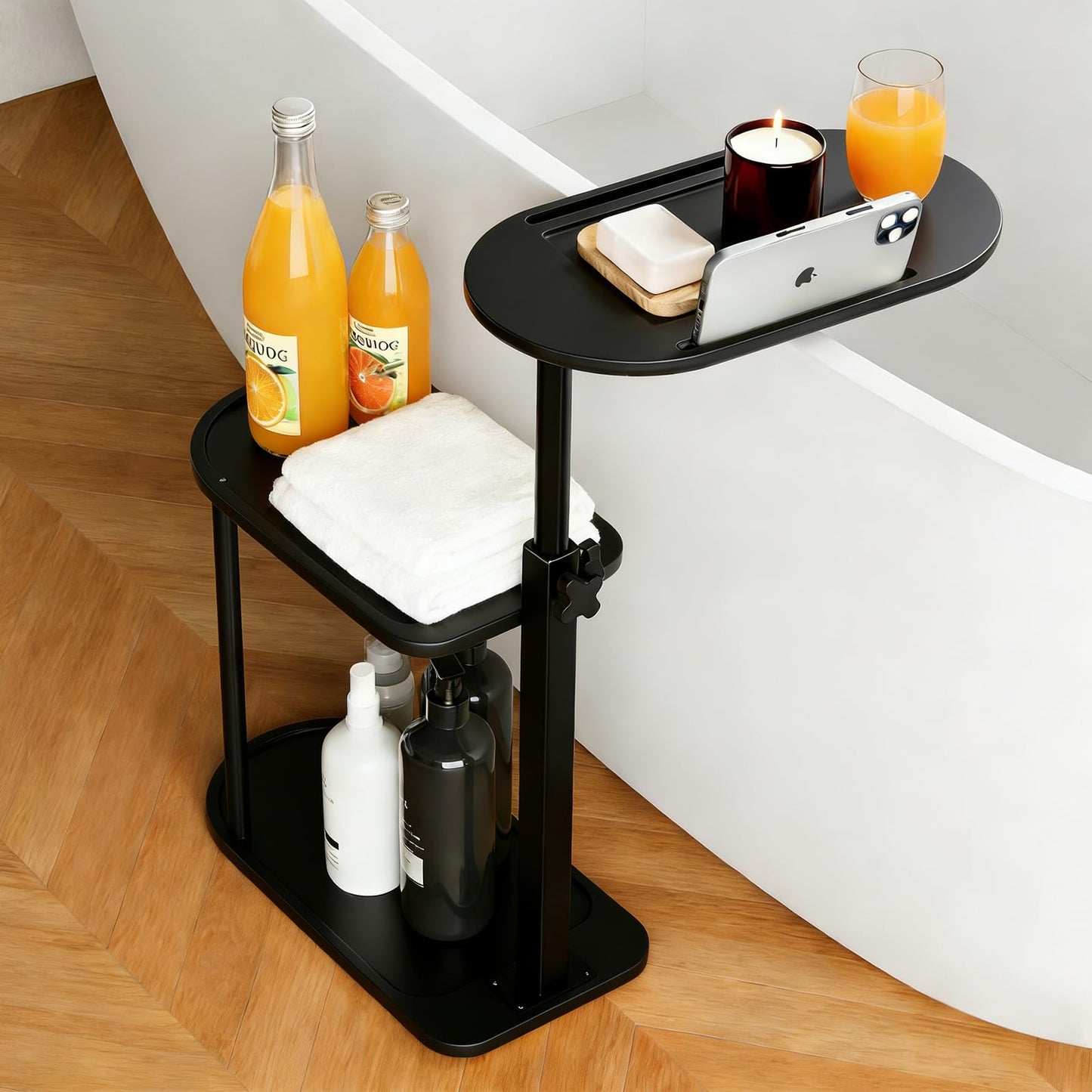 3-Tier Freestanding Bathtub Tray Table, Bamboo Swivel Bathtub Side Table with Height Adjustable Design, Standing Bath Tray for Tub Against Wall, Bathroom Organizer for Luxury Home Spa (Black)