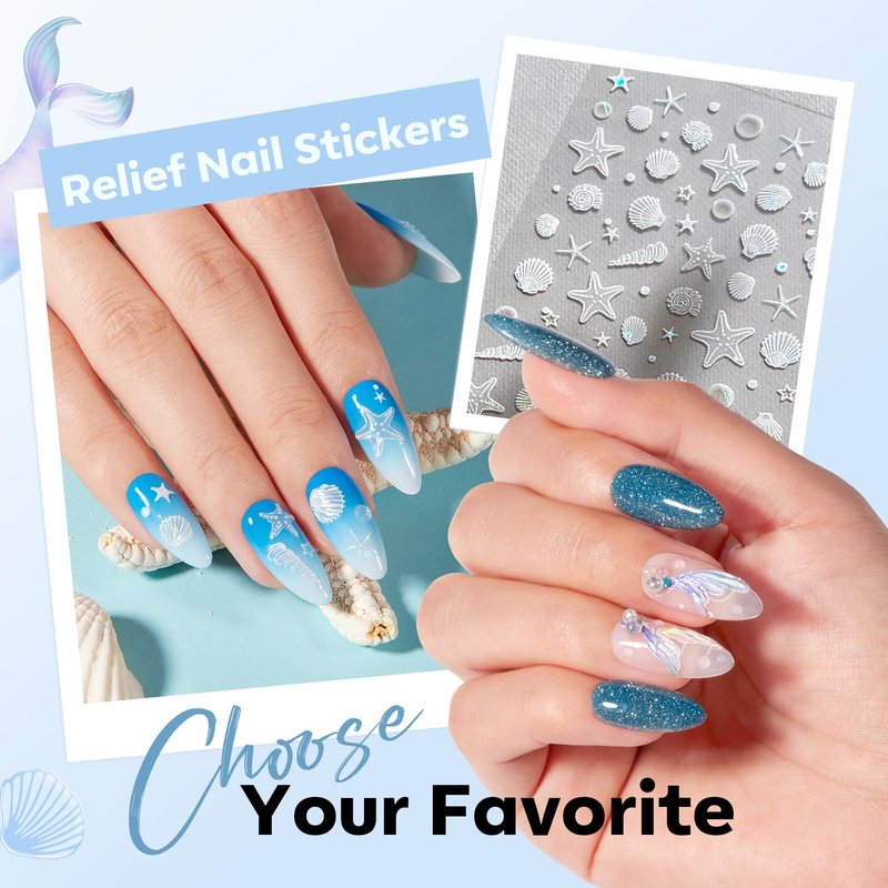 Modelones Nail Stickers - 3D Embossed Ocean Blue Mermaid Shells & Pearls for Stunning Nail Art | DIY Supplies for Women & Kids