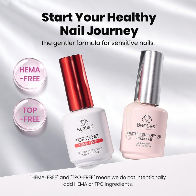 Beetles HEMA-Free Gel Top Coat & Builder Gel - Hypoallergenic, Low Heat, 15ml Clear Polish