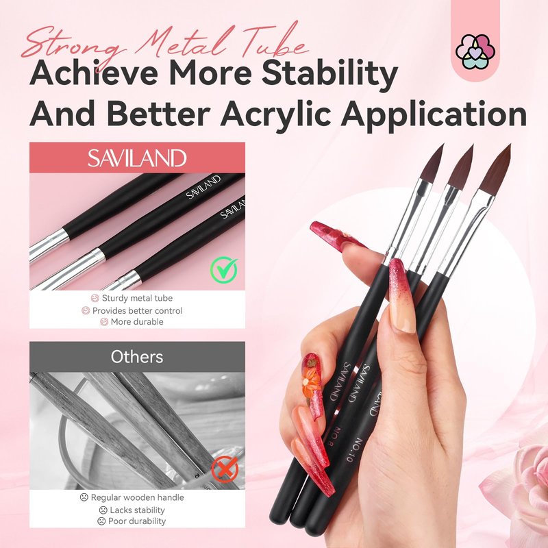SAVILAND Acrylic Nail Brush Professional: Size 6,8,10 Nail Brushes for Acrylic Powder Application Black Round Shaped Nail Art Brush with Sturdy Handle Manicure Tools Extension Carving for Home Salon