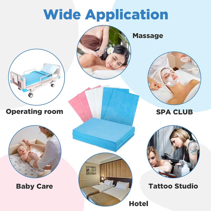 Disposable Bed Sheets - 60 Pcs Waterproof Massage Table Covers | Breathable Non-Woven Fabric, 31" x 70" (Pink, Blue, White)