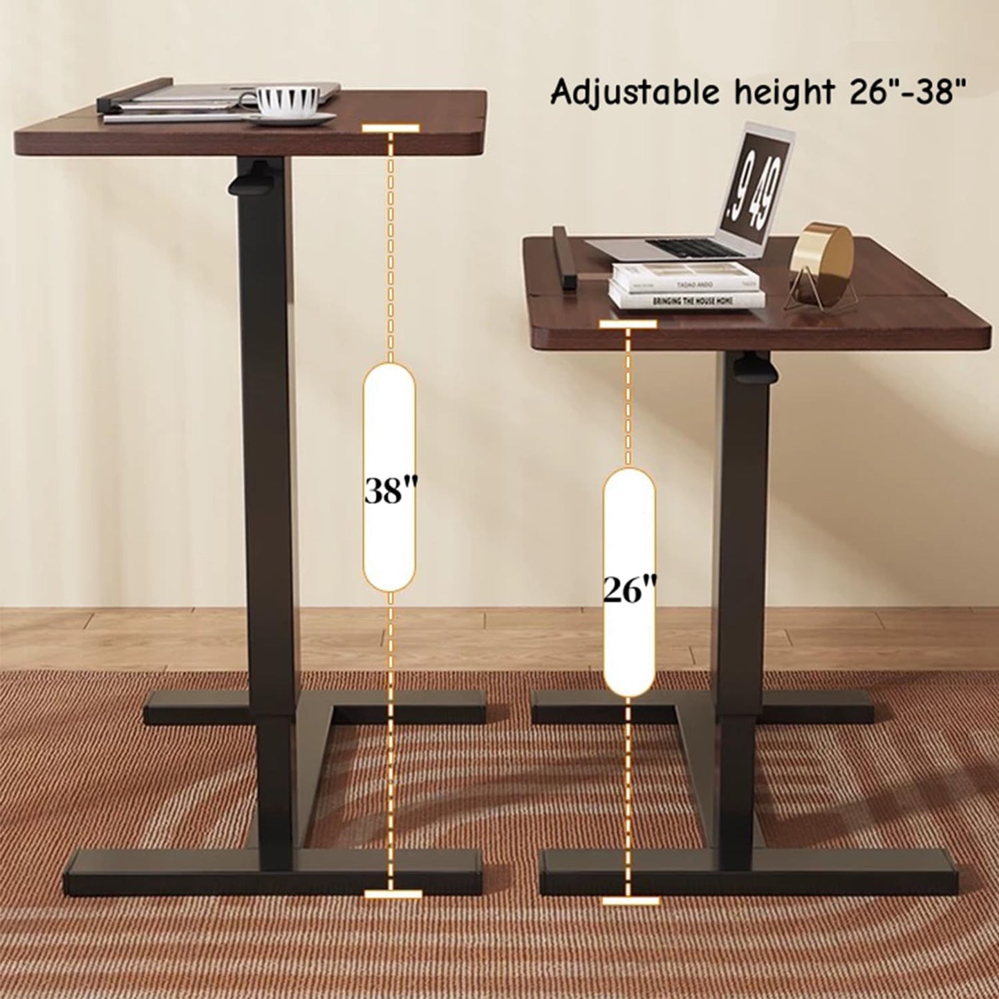 WSLUKVII Height Adjustable Overbed Table with Hidden Wheels, Medical Bedside Hospital Bed Table, Rolling Laptop Standing Desk for Home, Office and Hospital Use, Walnut