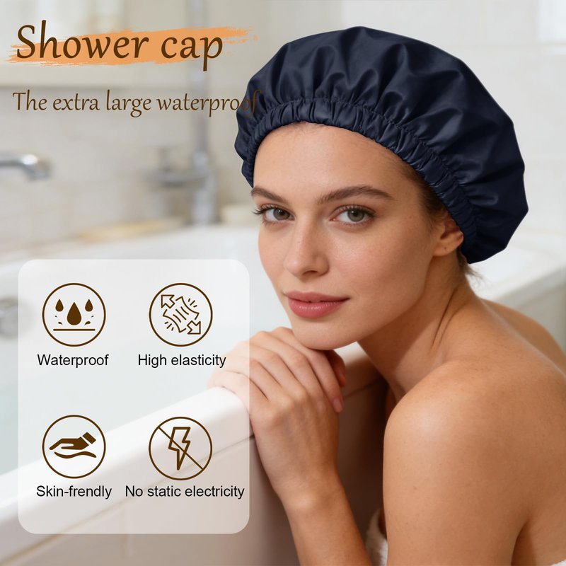 Doitory Shower Cap for Women, Reusable Waterproof Shower Cap Satin Lined with Soft Elastic Band, Large Washable Bath Caps(Navy Blue)