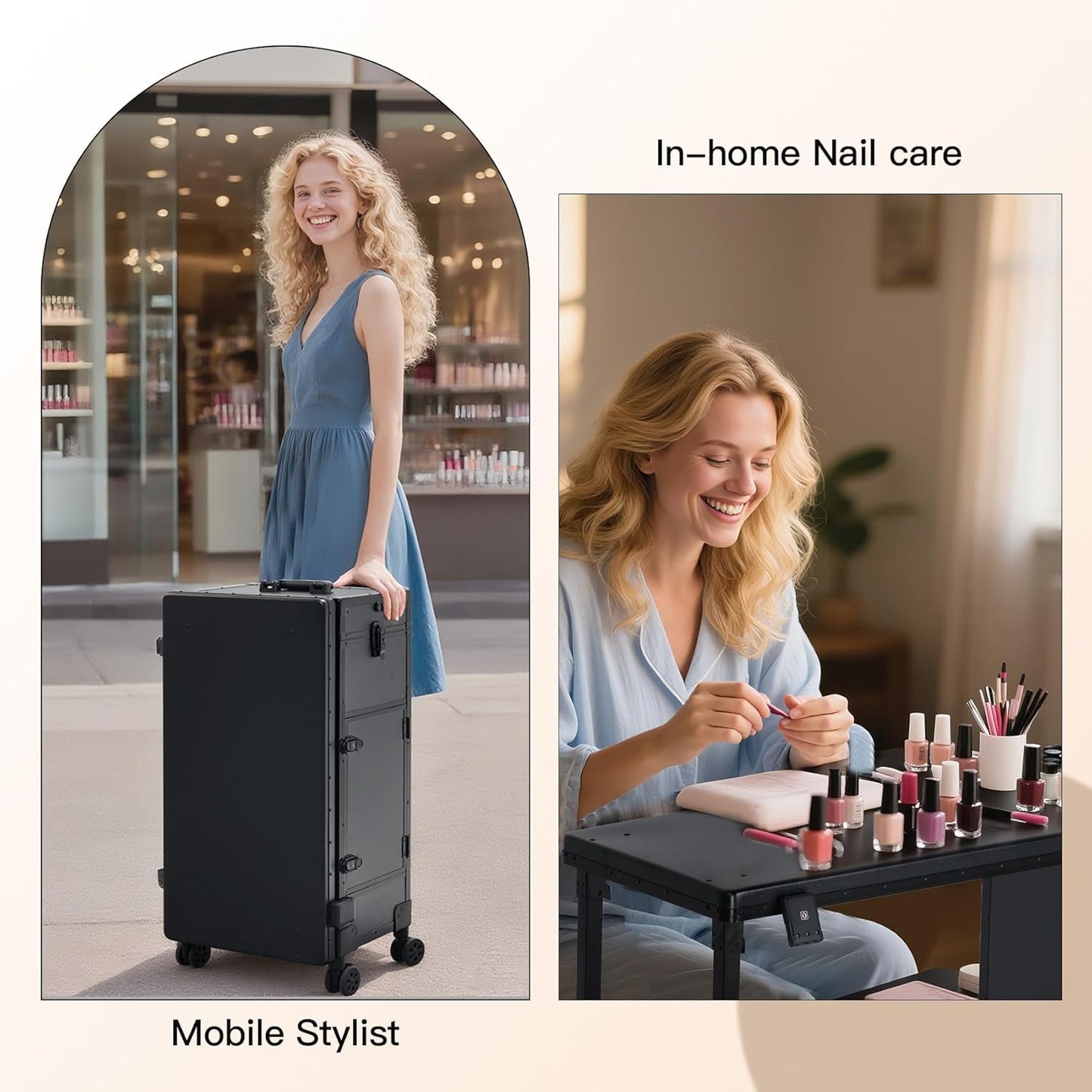 Skiennix Portable Nail Desk - Foldable Manicure Table with 3 Drawers & Mirror | Rolling Mobile Workstation in Black
