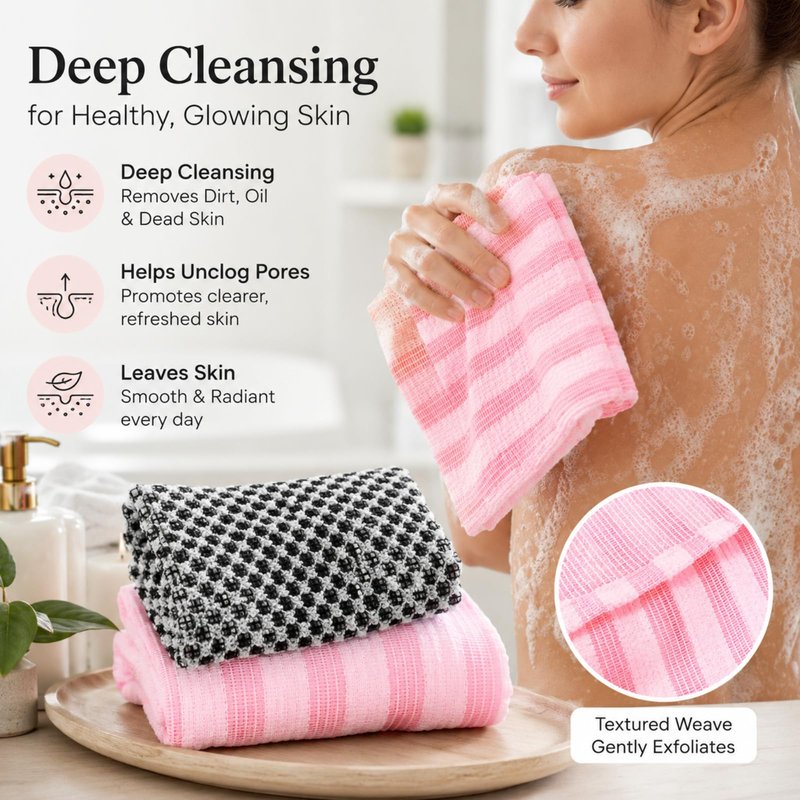 PLLCJB 2Pack Exfoliating Shower Towel, Premium Microfiber Scrub Towel, Body Scrubber with 2 Sides for Scrubbing & Washing, Quick-Drying, Durable and Gentle Exfoliating Towels for All Skin Types