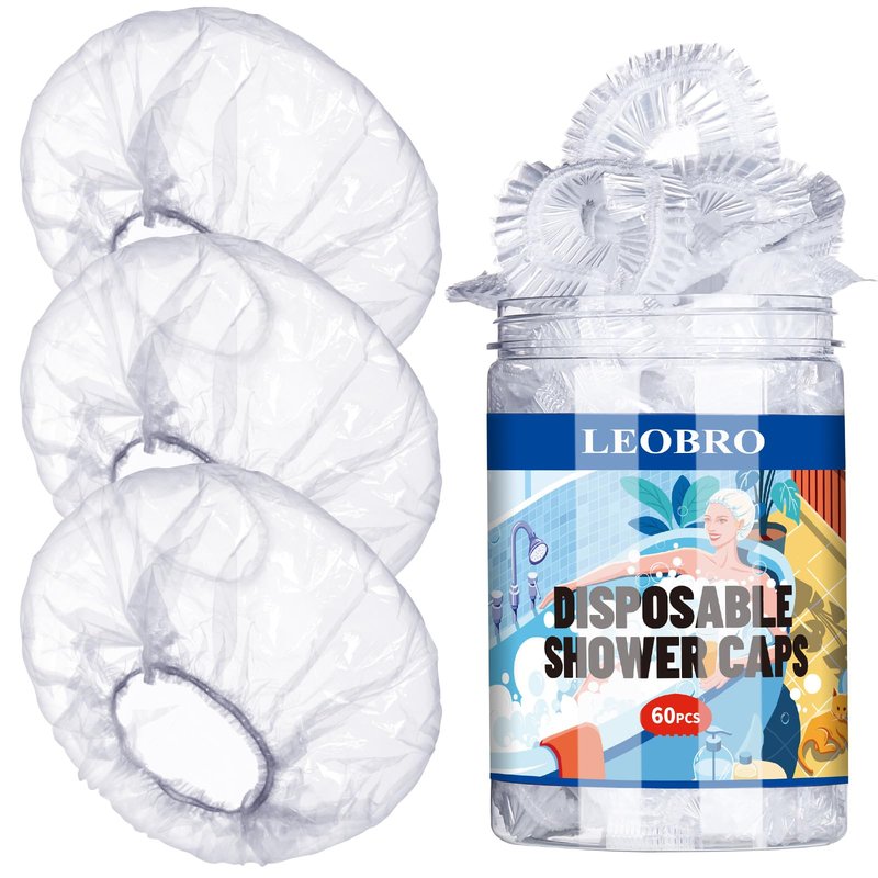 LEOBRO Shower Caps, 60PCS Large Disposable Shower Caps for Women, Plastic Shower Cap, Plastic Cap for Hair Treatment, Travel, Large Size 19.3 INCH