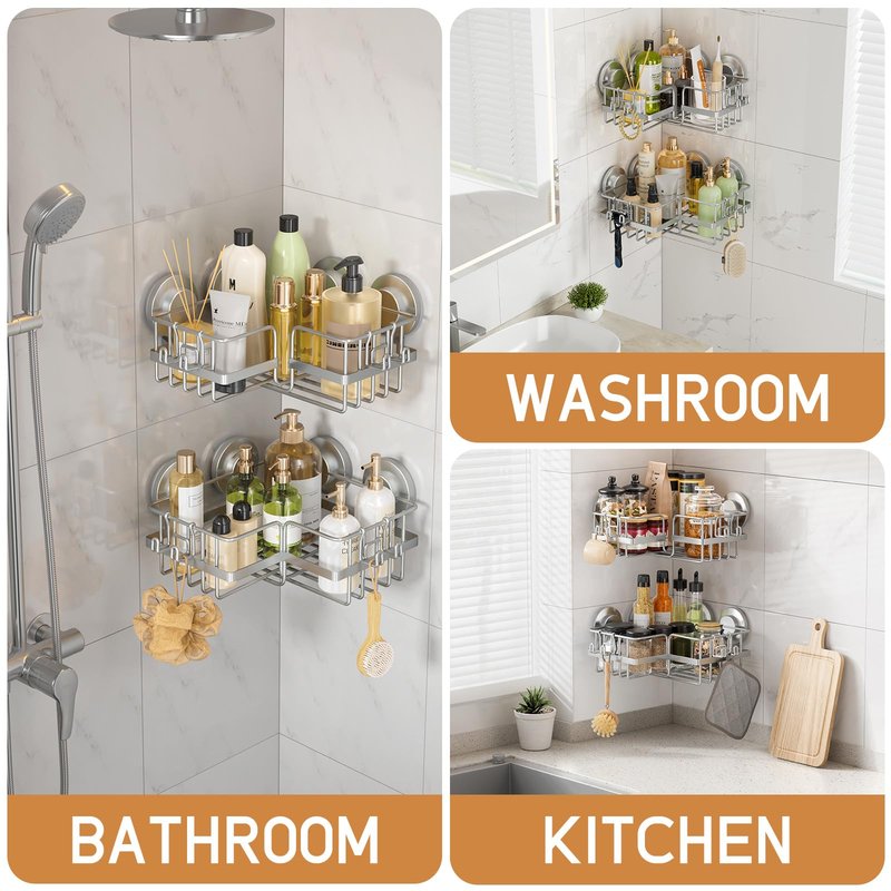 LEVERLOC 2 Pack Corner-adaptive Suction Cup Shower Caddies, Drill-Free Wall Mounted Basket, Stainless Steel Rustproof Corner Shower Shelf, Large Capacity Removable Suction Cup Bathroom Organizer, Gray