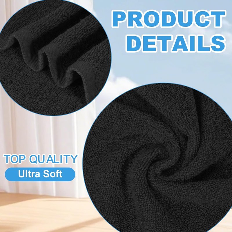 100% Cotton Wash Cloths by [Brand Name] - 6 Pack of Soft, Highly Absorbent Fingertip Towels | 12x12 Inch Black for Bathroom, Gym, Spa