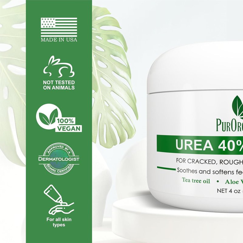 PurOrganica Urea Cream 40% - Maximum Strength Foot Cream for Dry, Cracked Heels | Exfoliating Moisturizer 4 oz