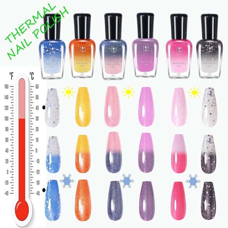 Rowcay 6 Pcs Color Changing Nail Polish Set, Classic Colors Quick Dry Nail Polish Kit 0.24 oz Finger Nail Color Pack Glossy Toenail Polish, Temperature Polish for Women and Girls