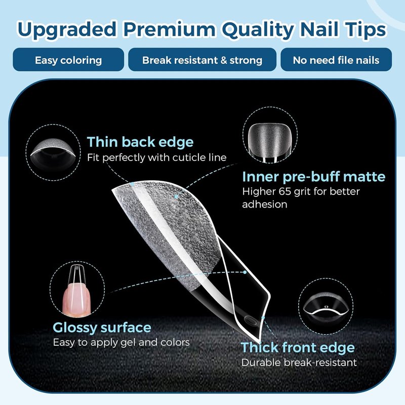 Coffin Nail Tips - 240pcs Soft Gel Half Matte Pre-Shaped Clear Fake Nails | Perfect for Beginners & Professionals