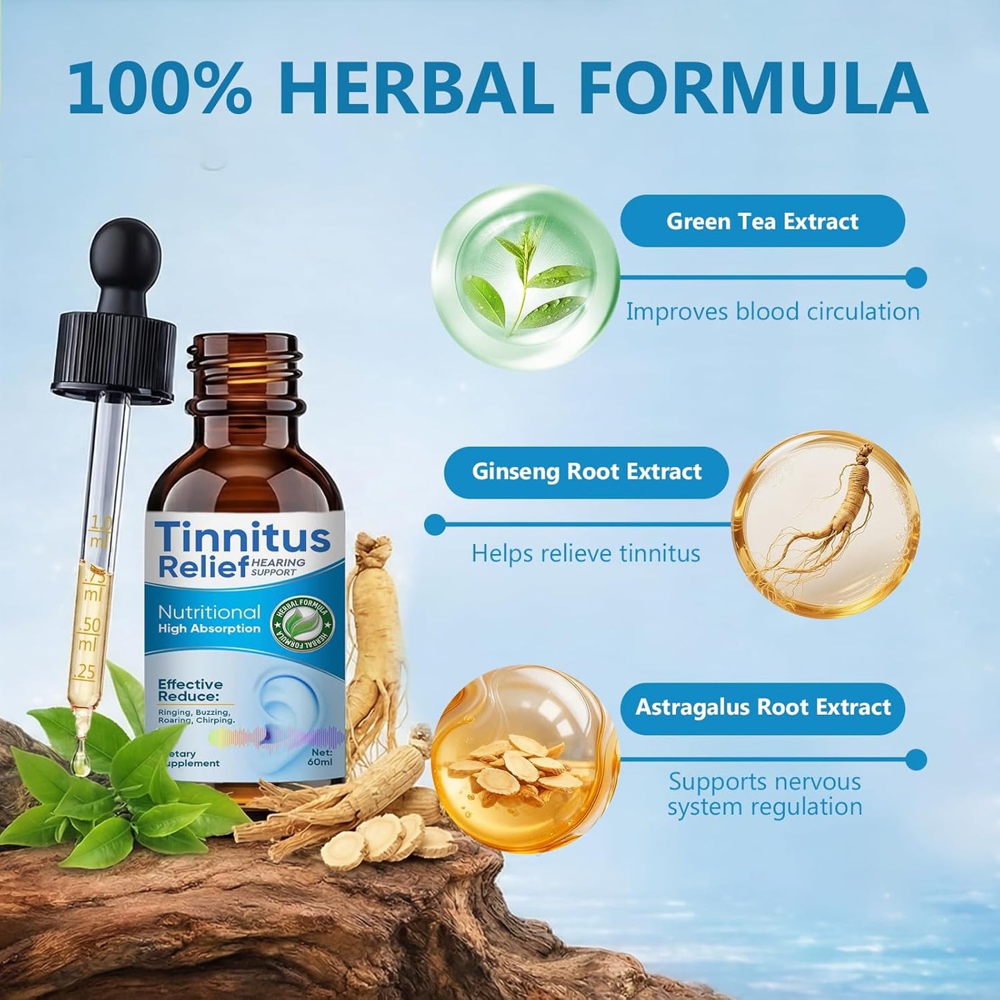 Tinnitus Relief for Ringing Ears,Natural Herbal Drops,Reduces Ear Noise and Improves Hearing for Men & Women, 2Fl Oz