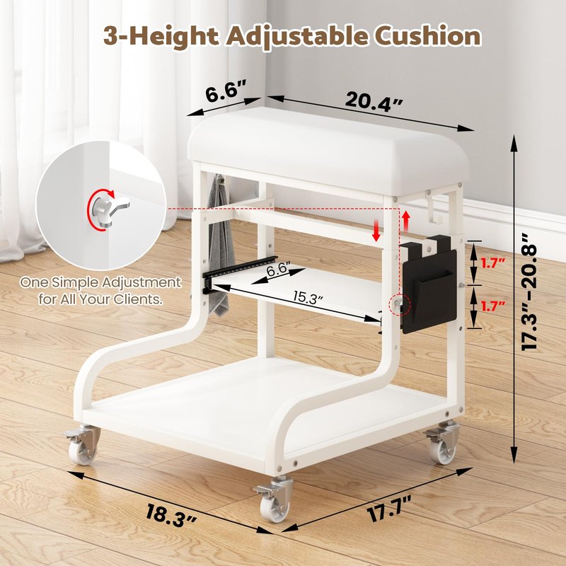 Adjustable Pedicure Foot Rest with 3-Level Height, PU Cushion, Storage & Locking Wheels, Mobile Pedicure Cart Foot Bath Trolley for Foot Bath, Salon & Spa (White)