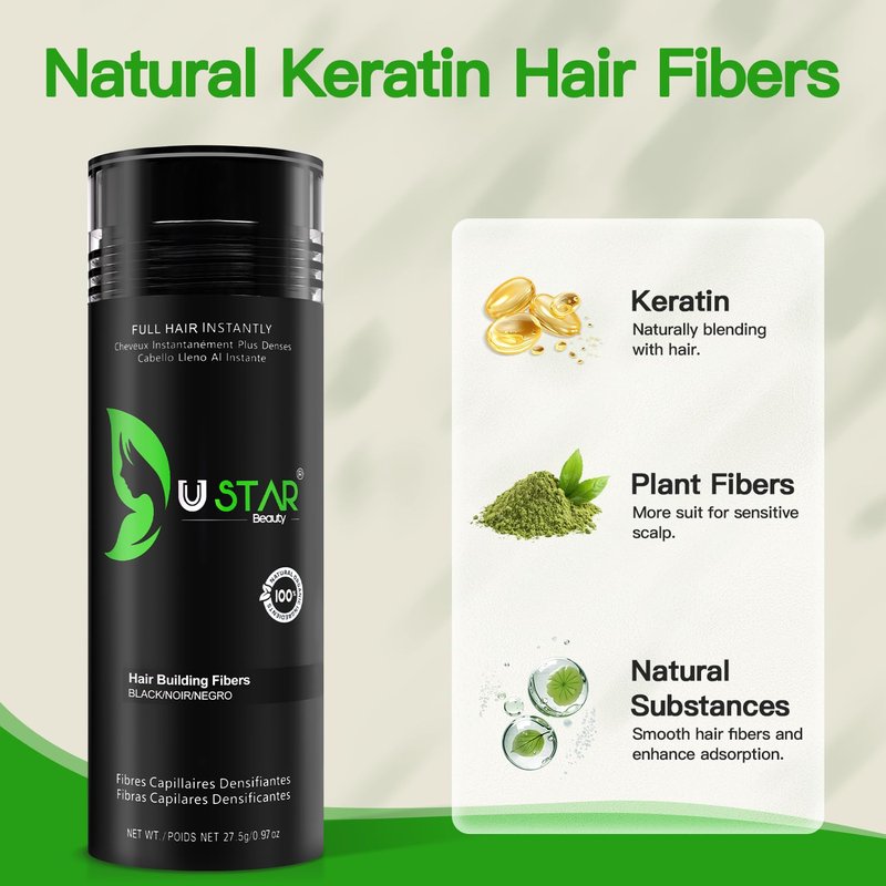 Hair Building Fibers 77.5g, USTAR 5 in 1 Hair Fibers for Thinning Hair with Holding Spray for Instantly Thicker, Fuller Look, Styling Hair Powder for Men & Women (Black)