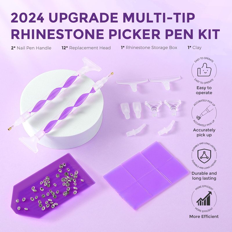 Eudaicful Rhinestone Picker Tool Kit: 2Pcs Rhinestone Applicator Handle, Dual-Ended Bedazzling Tools Pen with 12 Upgraded Plastic Replacement Tips, Clay for DIY Nail Art Craft (Purple)