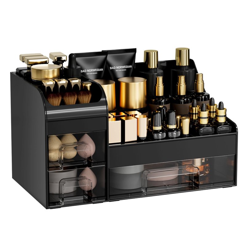 Mriluvy Makeup Organizer with Drawers,Large Cosmetic Storage Box,Countertop Skincare Organizer,ABS Makeup Brush Holder for Bathroom,Desk,Dresser,Multifunctional Beauty Display Case,Black transparent