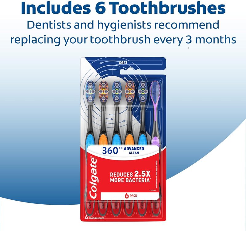 Colgate 360 Advanced Clean Soft Toothbrush Pack - 6 Soft Bristles with Cheek & Tongue Cleaner