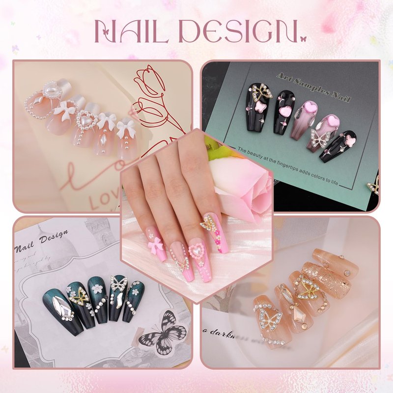 Skiennix 3D Nail Charms Set - 20PCS Chunky Butterflies & 75PCS Coquette Bows | Rhinestones & Pearls for Y2K Nail Art