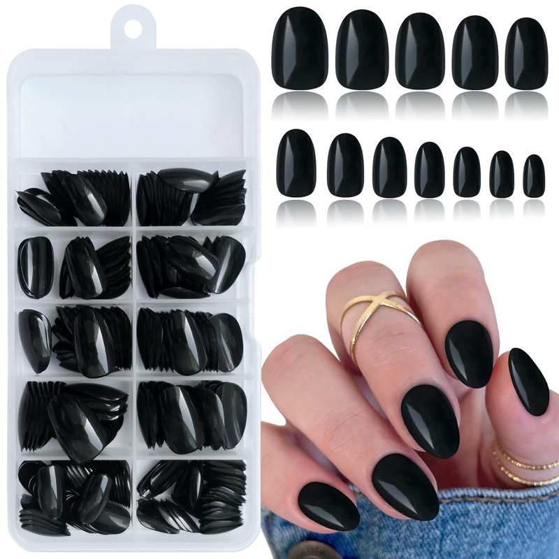 Almond Press On Nails - Short Black Full Cover Acrylic Tips | 240 Round Fake Nails with Adhesive for Women & Kids
