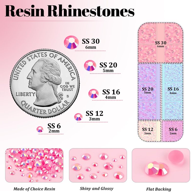 Resin Rhinestones for Crafting - 2 Boxes Pink AB Flatback Gems with 3Pcs 10ml B7000 Jewelry Glue | Ideal for DIY Nail Art & Bedazzling Projects