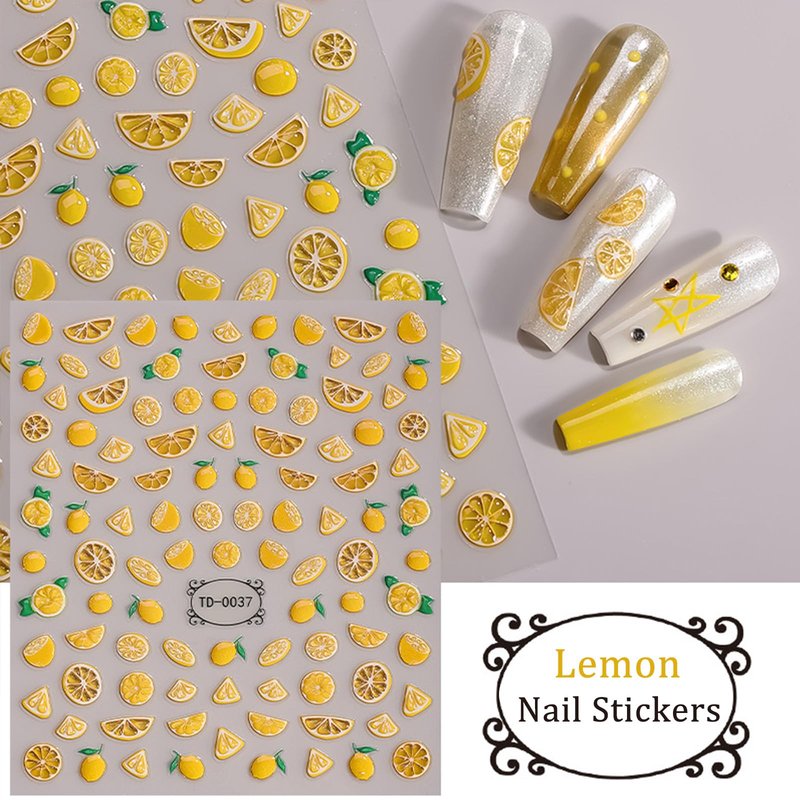 2Pcs Lemon Nail Stickers 5D Embossed Summer Fruit Slice Nail Decals DIY Glossy Yellow Lemon Nail Art Stickers Cute Cartoon Fun Adhesive Sliders Acrylic Nails Supply for Women Home Manicure