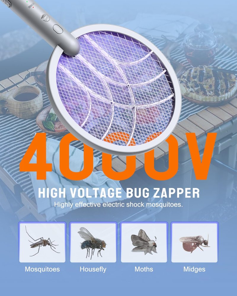 Mosiller Electric Fly Swatter Racket, 4000V Bug Zapper with 1800mah Rechargeable Battery & Dual Modes, 2 in 1 Purple Mosquito Light Killer with 3-Layer Safety Mesh for Indoor Home Patio Camp(1 Pack)