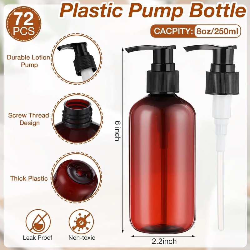 48 Pcs Pump Bottle Set - Refillable Lotion & Shampoo Dispenser | Clear 8oz/250ml Plastic Containers (Amber)
