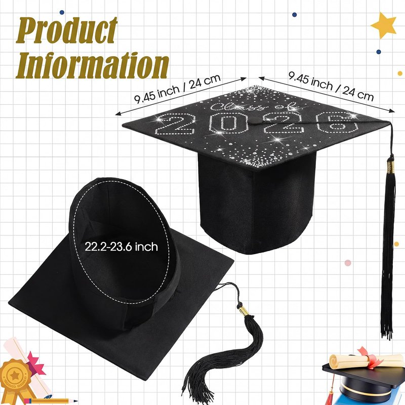 Jamntower Rhinestones Graduation Cap Class of 2026 Crystal Grad Cap for Men Women Girls High School Bachelor Photo Props(Silver)