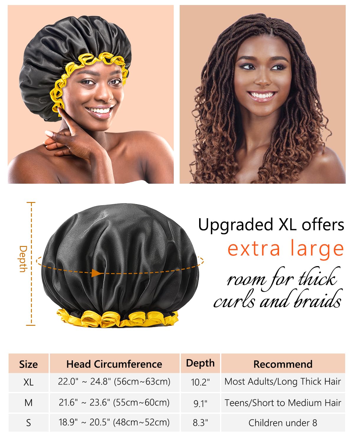 mikimini Extra Large Black Shower Caps Pack of 2 for Women and Men Thick Long Hair Braids, Reusable Waterproof Double Layers XL Bathing Hair Cap with Vibrant Yellow Edge (Black)