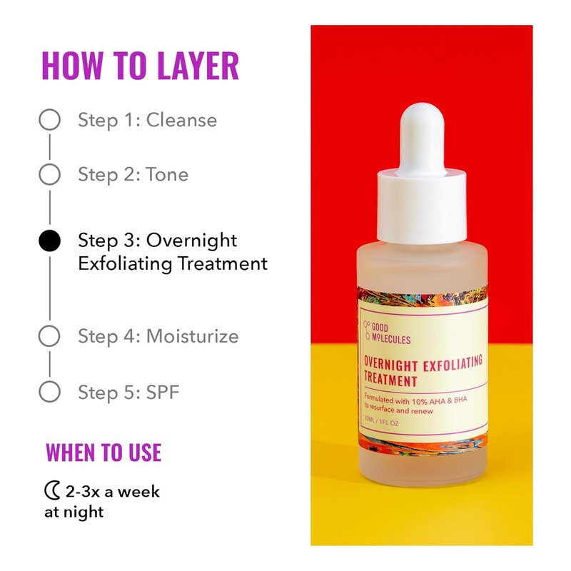 Good Molecules Overnight Exfoliating Treatment - AHA & BHA Face Exfoliator for Pore Minimizing | Lightweight Glycolic & Salicylic Acid Formula