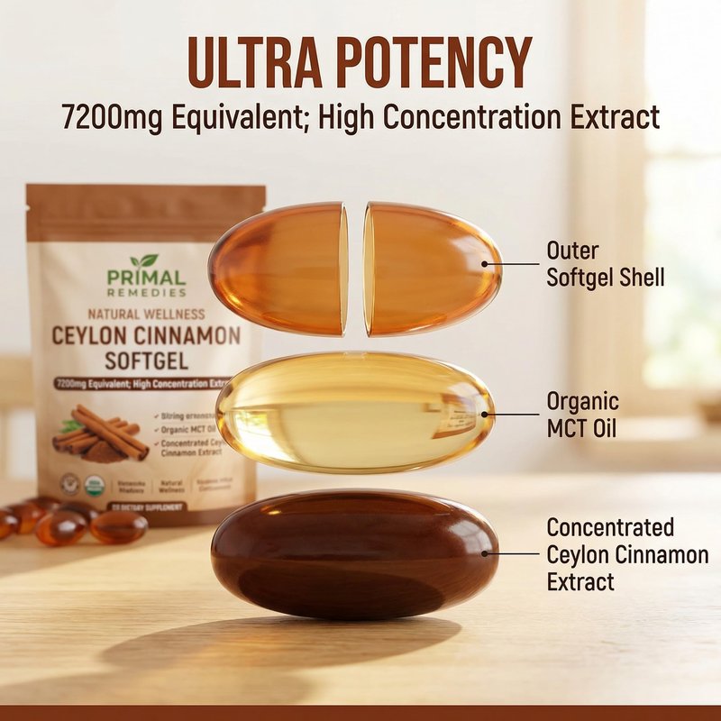 Primal Remedies Ceylon Cinnamon - 300 Softgels with MCT Oil, Highly Bioavailable, Non-GMO, Gluten Free, Vegan Capsules for Metabolism Support