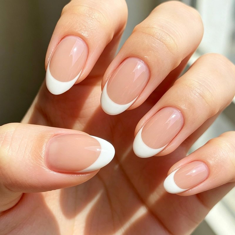 Modelones French Tip Press on Nails Almond, Summer Short Almond Fake Nails for Women, Reusable Nail Kit with Nail Glue Adhesive Tabs Mini Nail File, Nails Press Ons 32Pcs 16 Sizes ﻿