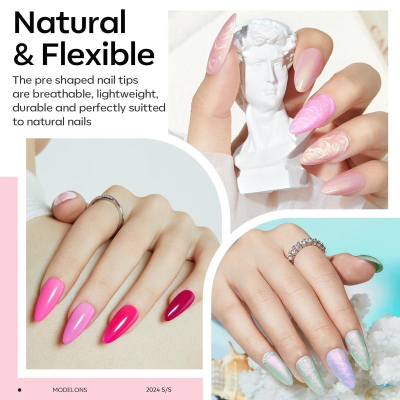 Modelones X Nail Gel Kit - 15 Sizes Almond Fake Nails with 9-in-One Glue & Mini UV Light | 510 Pcs Medium Almond Tips for DIY Salon Use