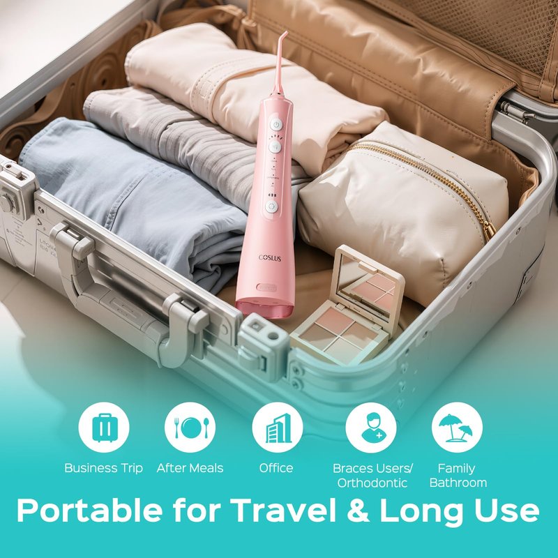 COSLUS C50 Portable Water Flosser for Teeth: 4 Modes & 5 Intensity Levels Professional Electric Dental Pick for Sensitive Gums, Braces & Orthodontic - Cordless for Travel Use, BPA-Free, ADA Accepted