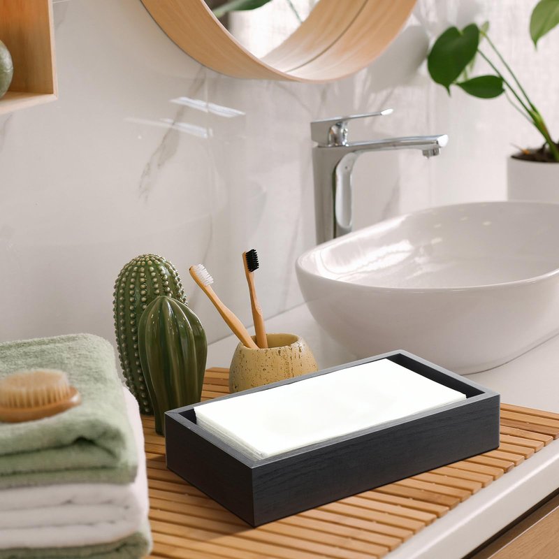 Kigley 2 Inch Tall Wood Guest Towel Holder for Bathroom, Black Napkin Holder Tray for Table, Hand Towel Storage Basket for Home Vanity Countertop Hotel Toilet Tank Kitchen Desk Counter Drawers Decor