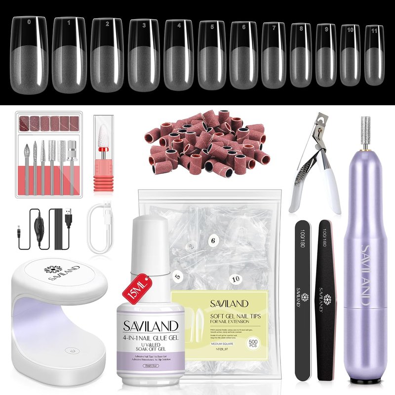 SAVILAND Gel Nail Kit - 500 Pcs Square Nail Tips & 4-in-1 UV Nail Glue with Lamp | At-Home Salon Manicure Gift for Women