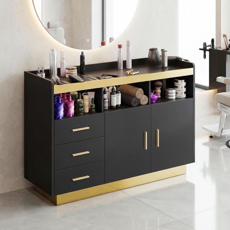 Professional Hair Styling Station - Barber Storage Cabinet with 3 Drawers & Hot Tool Holders | Freestanding Beauty Salon Furniture