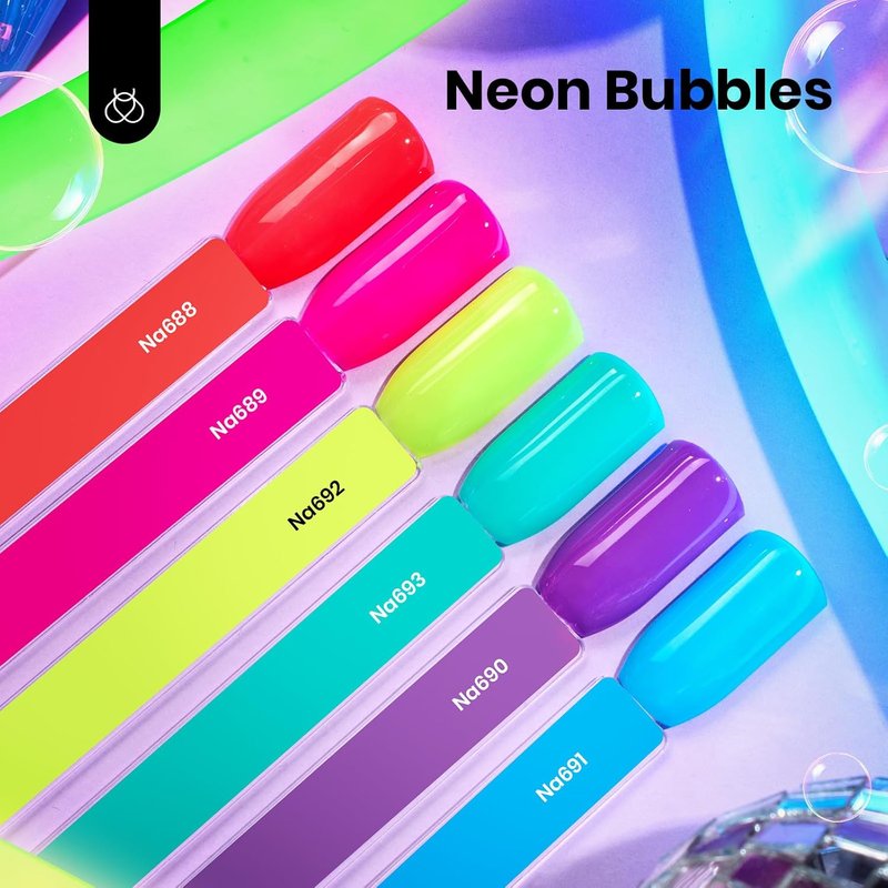 Beetles Neon Gel Nail Polish - Neon Bubbles, Hema Free 6 Colors Summer Gel Nail Polish Set Full Size Hot Pink Orange Yellow Blue Purple Green Soak Off UV LED DIY Bright Rainbow Summer Nails Salon