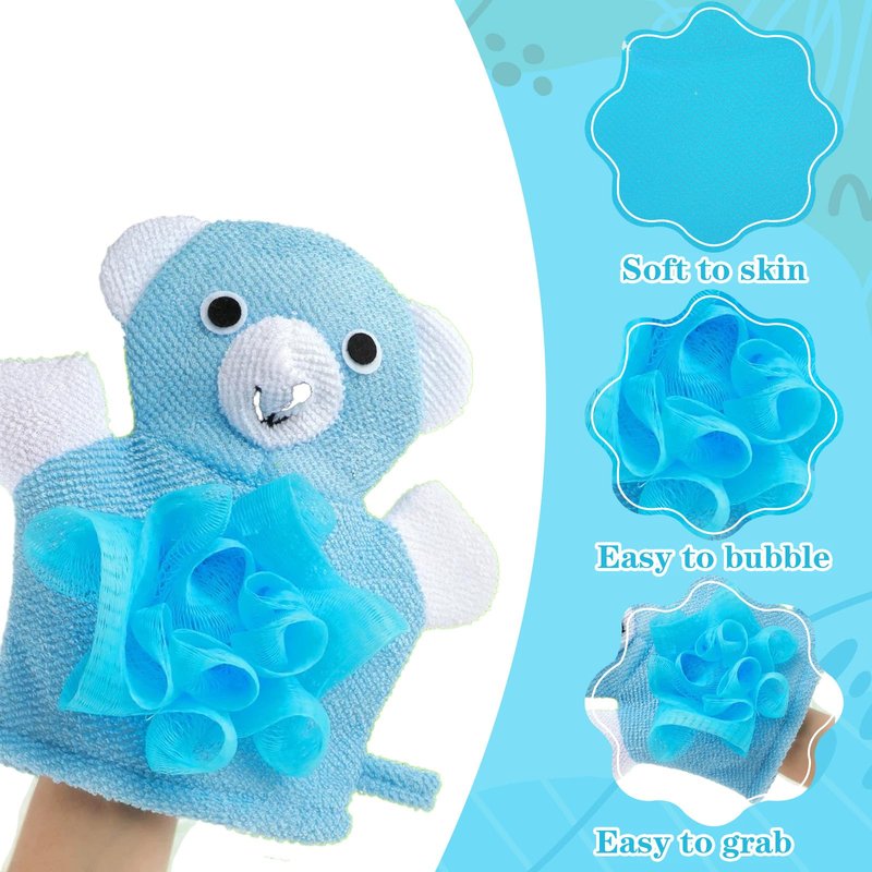 Qianyu 3pcs Bath Mitt Washcloth Glove Body Scrubber Cute Cartoon Design Exfoliating Glove Gentle Soft Scrub Loofah Bath Sponge for Kid Shower Washing Easy Lather (Blue/Green/Pink)