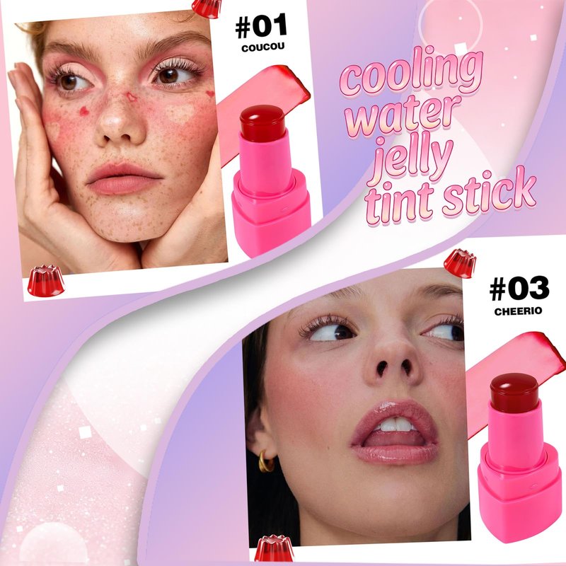 KALYFADIO 2PCS Jelly Blush Stick for Cheeks,Cooling Water Jelly Tint Stick,Moisturizing Lightweight Lip and Cheek Tint,Long-lasting,Cruelty-free,Sheer & Buildable Lip Stain + Blush（01+03）
