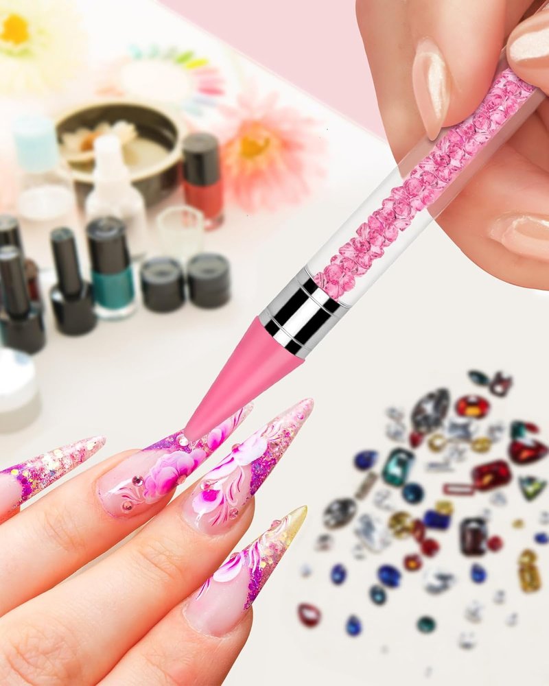 Rhinestone Picker Tool Set - Rhinestone Applicator with 4 Replaceable Wax Heads & 2 Tweezers | Pink