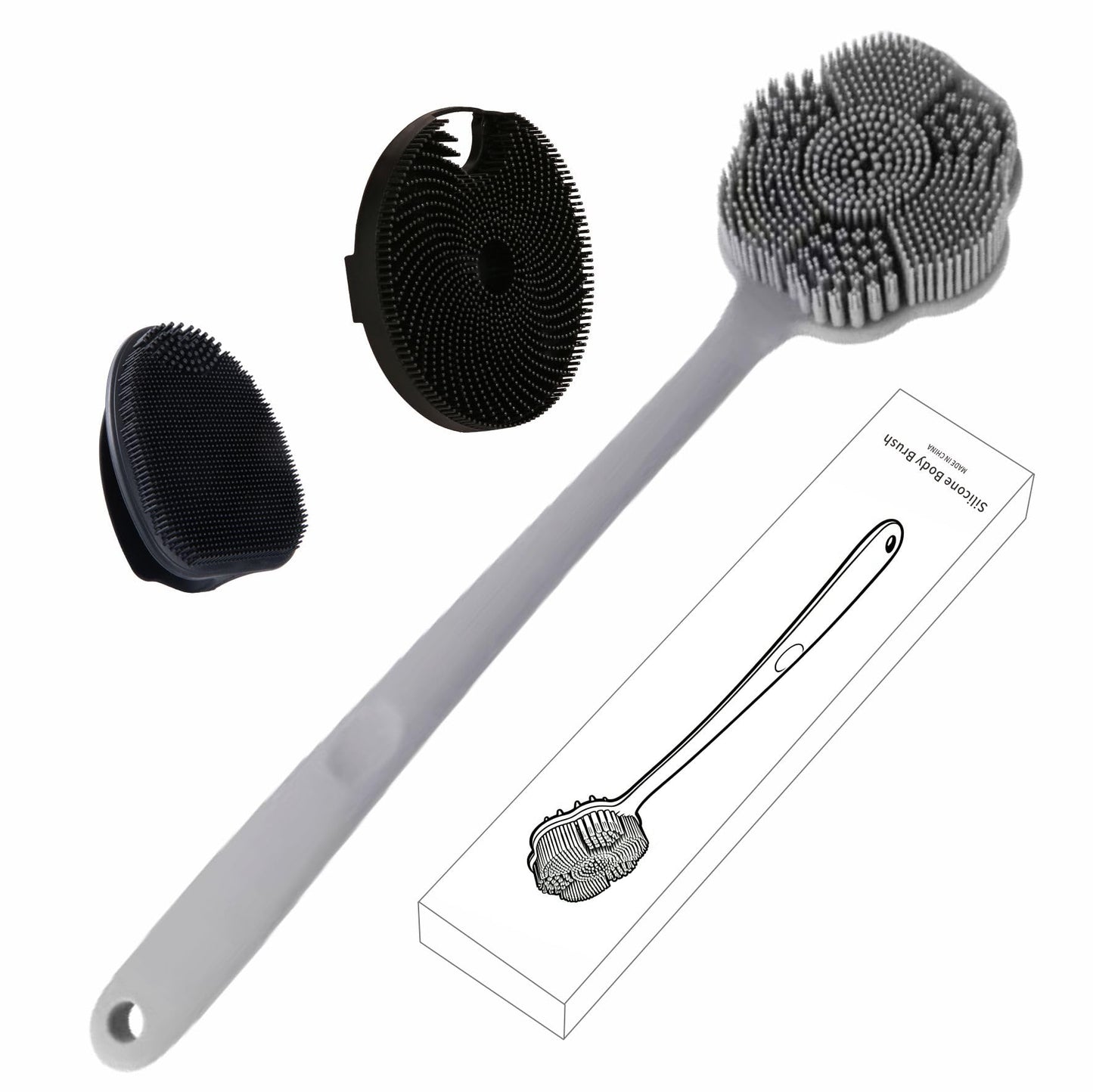 Back Body Scrubber & Face Scrubber for Shower - 15 Inch Long Handle Double Sided Silicone Body Brush for Exfoliation & Massage, Soft Facial Cleansing Brush, Rich Lathering for Deep Cleansing (Gray)