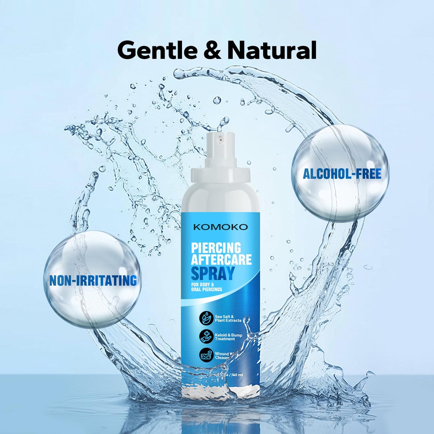 Komoko Piercing Aftercare Spray (5.07 Fl Oz), Saline Spray for Piercings & Ear Piercing Cleaner, Gentle Saline Solution for Piercings, Fast Piercing Bump Solution for Nose, Ears, Belly & More