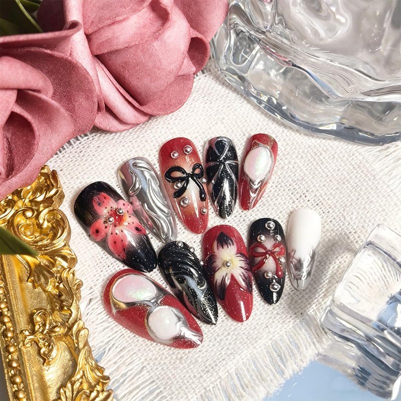 24Pcs Y2K Gothic Press on Nails Medium Almond Handmade Fake Nails Black Red 3D Flower Bow False Nails with Silver Metallic Designs Reusable Acrylic Nails for Women DIY Manicure Decorations