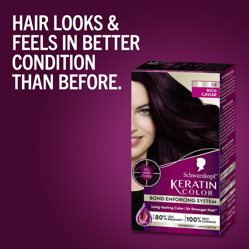 Schwarzkopf Keratin Permanent Hair Dye Cream, 1.9 Rich Caviar, Professional Quality Color for Up to 100% Gray Coverage, Bond Enforcing System