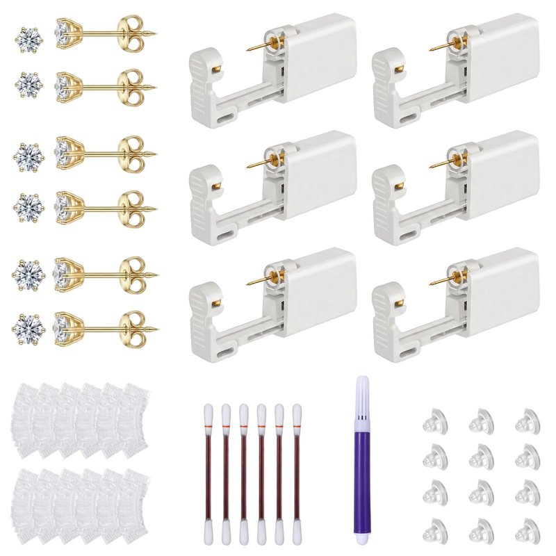 Heygueo 43 Pcs Ear Piercing Kit Disposable,Ear Piercing Gun Kit with Self Earrings and Earrings Needle,Gold Set with Multi-Sized Ears Studs(Gold)
