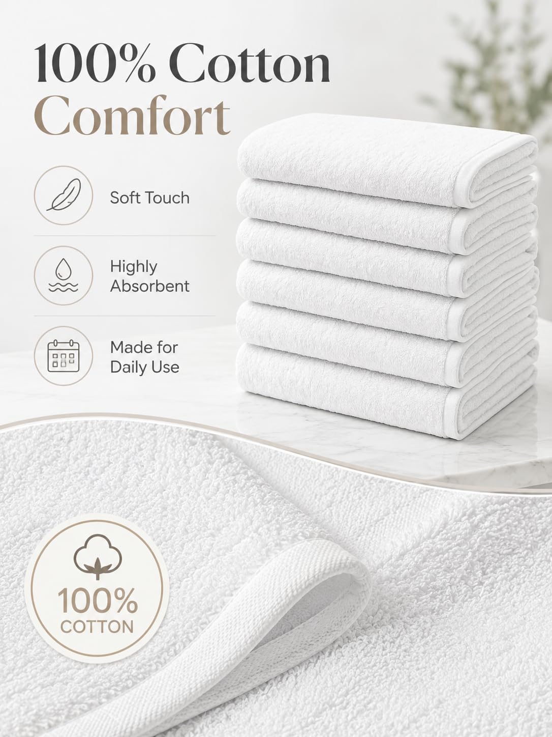 BIOLINEN White Bath Towels Set 6 Pack 24x48, 100% Cotton Towels for Bathroom, Soft Absorbent Quick Dry Towels for Gym Spa Hotel Pool, Bulk Bath Towel