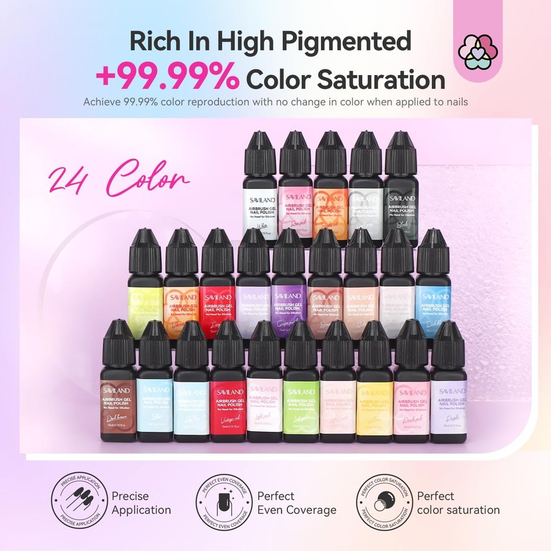 SAVILAND Airbrush Gel Nail Polish - 2026 Must Have 24 Colors, Dilution-Free & Non-Acetone for Gradients & Blush Nails, High Saturation for Layered Art, Home & Salon Nail Set